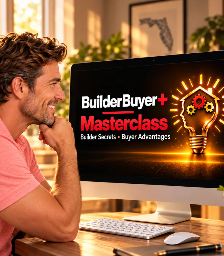 A man at a desk smiling at the BuilderBuyer+ Masterclass on his computer