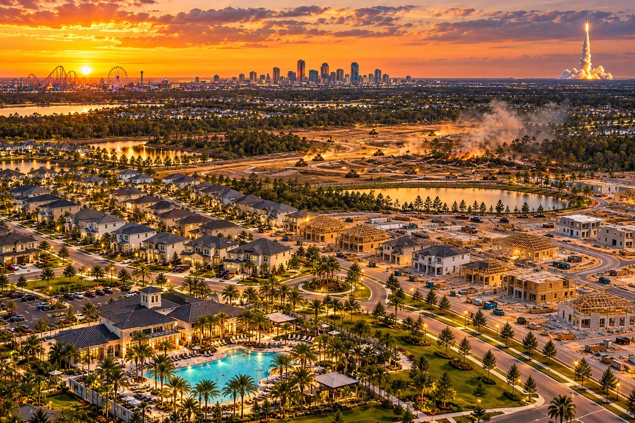 Aerial view of a Central Florida new construction community at sunset with finished homes, homes under construction and the Orlando skyline